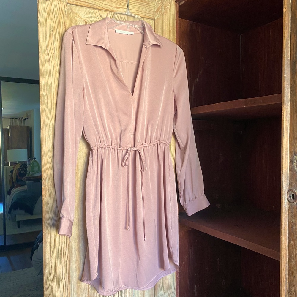 Blush colored satin shirt dress